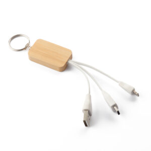 Chaveiro de capa de bambu com cabo para carregamento USB-A a lightning (Iphone) e Tipo C